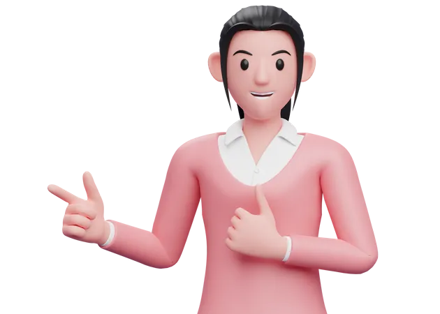 Business woman pointing finger left side and showing thumbs up  3D Illustration