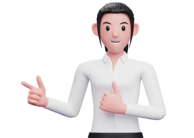 Business woman pointing finger left side and showing thumbs up 3D Illustration