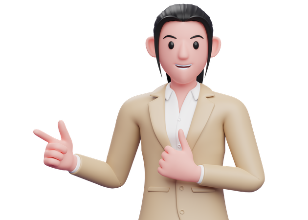 Business woman pointing finger left side and showing thumbs up 3D Illustration