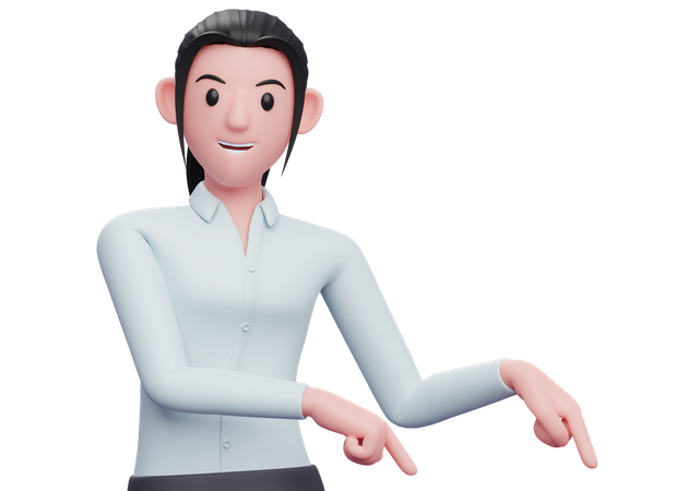 Business woman pointing to bottom right corner  3D Icon
