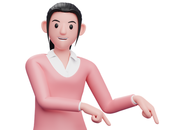 Business woman pointing to bottom right corner  3D Icon