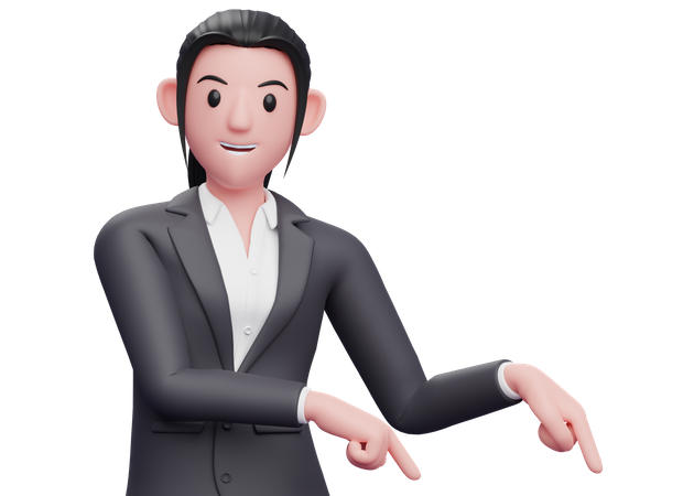 Business woman pointing to bottom right corner  3D Icon