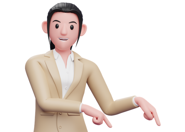 Business woman pointing to bottom right corner  3D Icon