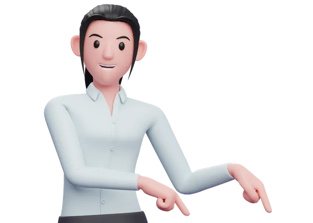 Business woman pointing to bottom right corner  3D Illustration