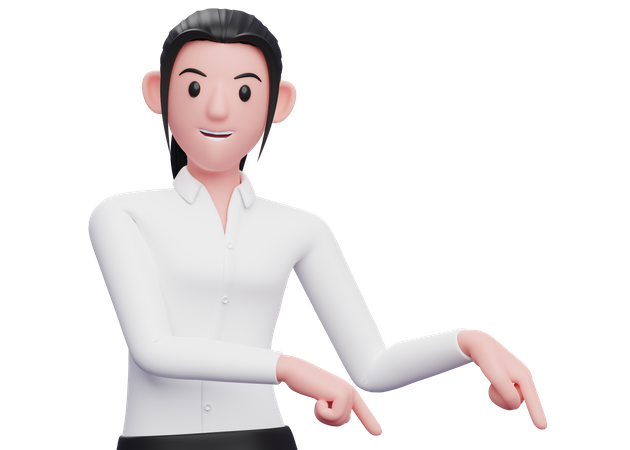 Business woman pointing to bottom right corner  3D Illustration