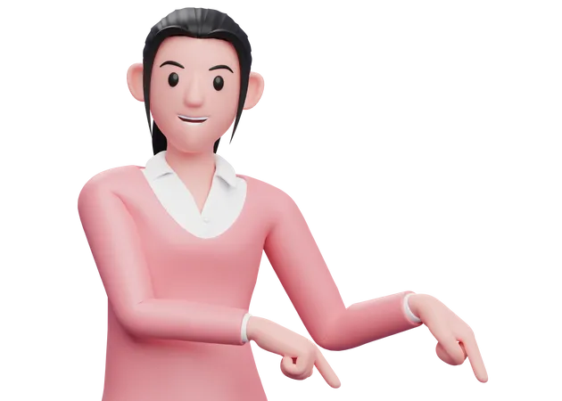 Business woman pointing to bottom right corner  3D Illustration