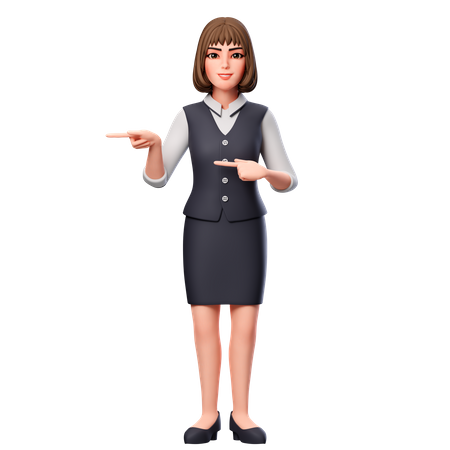 Business Woman Pointing To Left Side Using Both Hand 3D Illustration