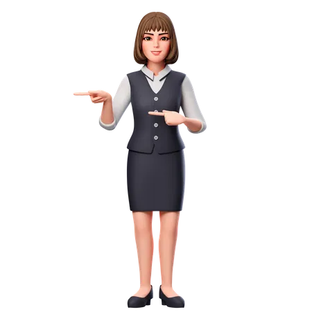 Business Woman Pointing To Left Side Using Both Hand 3D Illustration
