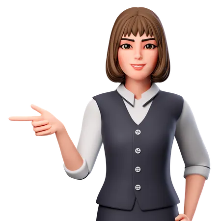 Business Woman Pointing To Left Side Using Left Hand  3D Illustration