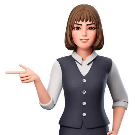 Business Woman Pointing To Left Side Using Left Hand 3D Illustration