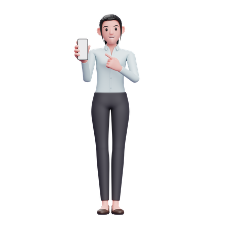 Business woman pointing to phone screen  3D Icon