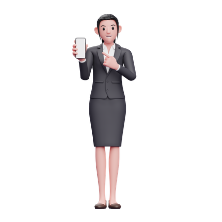 Business woman pointing to phone screen  3D Illustration