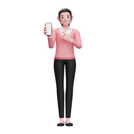 Business woman pointing to phone screen  3D Illustration