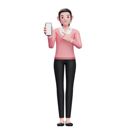 Business woman pointing to phone screen  3D Illustration