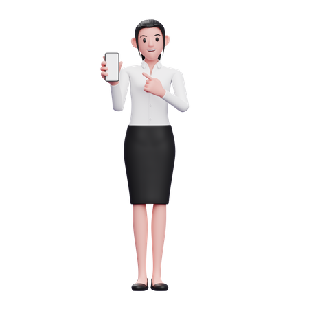 Business woman pointing to phone screen  3D Illustration