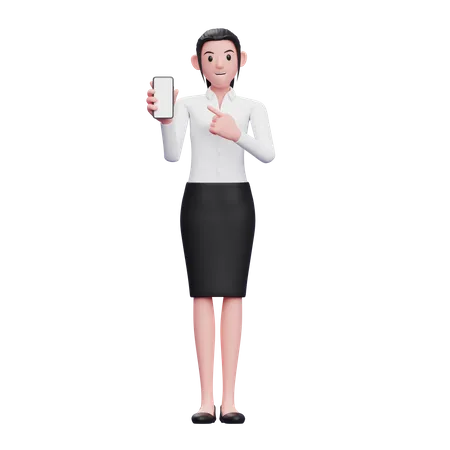 Business woman pointing to phone screen  3D Illustration