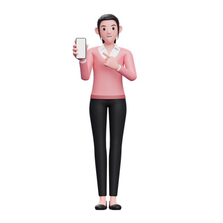 Business woman pointing to phone screen 3D Illustration