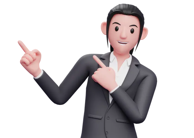 Business Woman In Formal Suit Pointing To The Top Side With Both Hands 3 D Render Smart Girl Pointing Illustration 3D Illustration