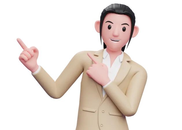 Business Woman In Brown Suit Pointing To The Top Side With Both Hands 3 D Render Smart Girl Pointing Illustration 3D Illustration