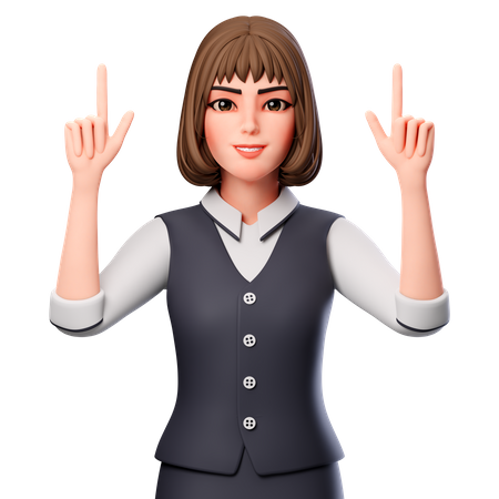 Business Woman Pointing Upwards Using Both Hands  3D Illustration