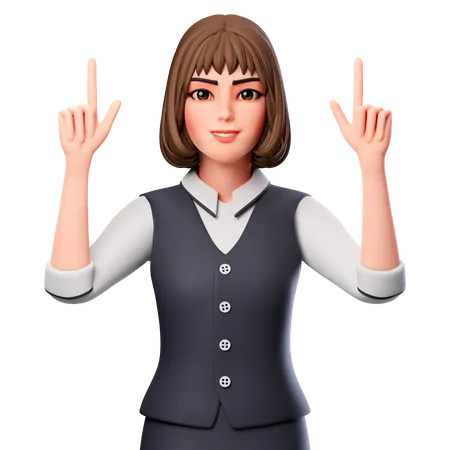 Business Woman Pointing Upwards Using Both Hands  3D Illustration