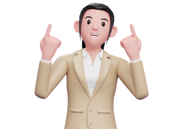 Business woman raises both index fingers and looks up  3D Illustration