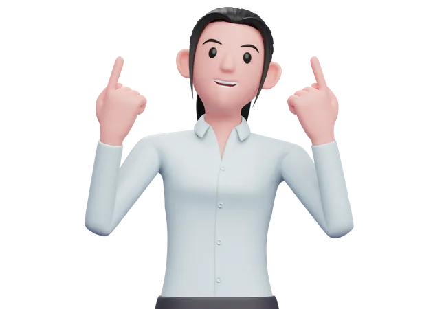 3 D Smart Business Woman Raises Both Index Fingers And Looks Up 3 D Render Business Woman Character Illustration 3D Illustration