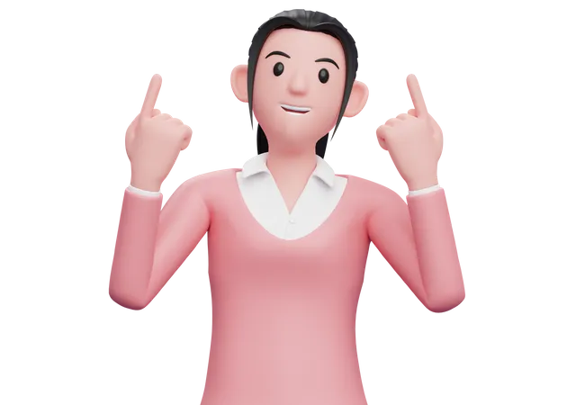 Business woman raises both index fingers and looks up 3D Illustration