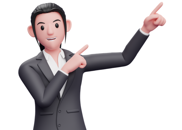 Business woman raising both hands pointing to the top right corner  3D Illustration