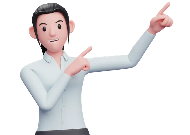 Business woman raising both hands pointing to the top right corner  3D Illustration