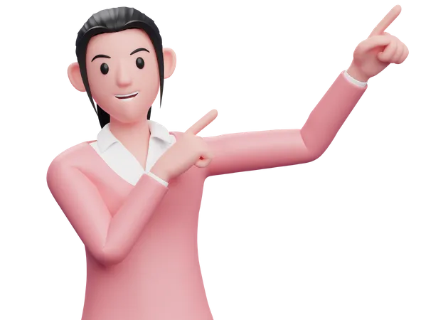 Business woman raising both hands pointing to the top right corner  3D Illustration