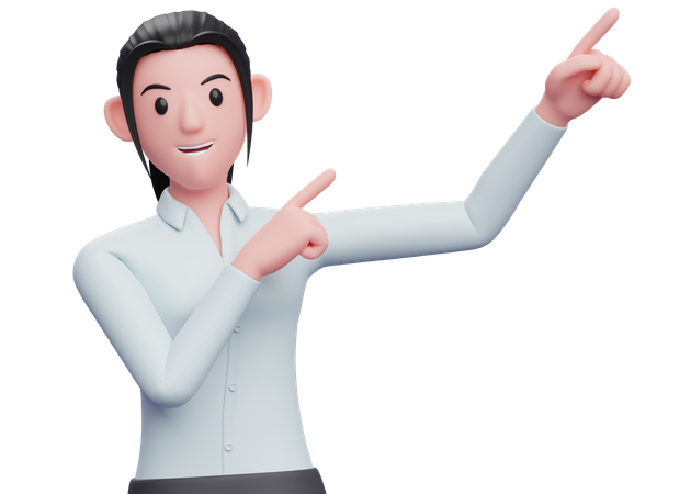 Business woman raising both hands pointing to the top right corner  3D Illustration