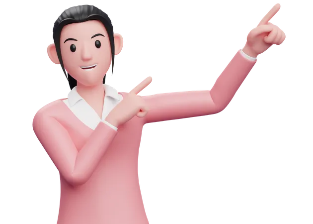 Business woman raising both hands pointing to the top right corner 3D Illustration