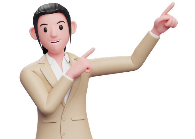 Business woman raising both hands pointing to the top right corner 3D Illustration