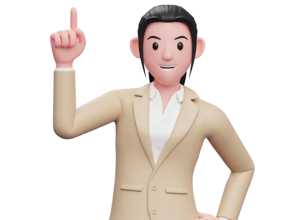 Portrait Of A Business Woman In A Brown Suit Pointing Up With Index Finger 3 D Illustration Of A Business Woman In A Brown Suit Pointing 3D Illustration