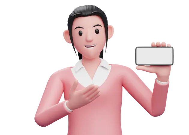 Business woman showing blank mobile screen  3D Illustration