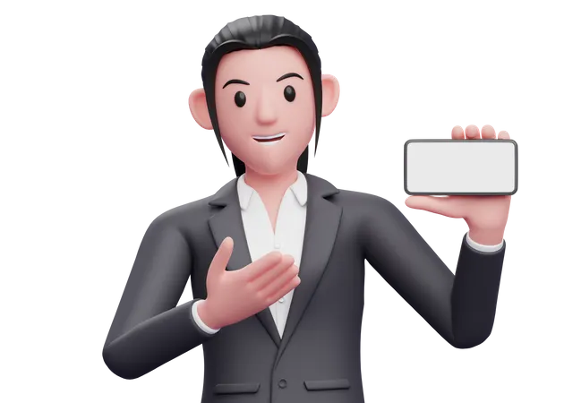 Business woman showing blank mobile screen  3D Illustration