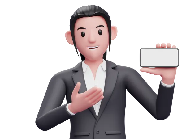 Business woman showing blank mobile screen 3D Illustration