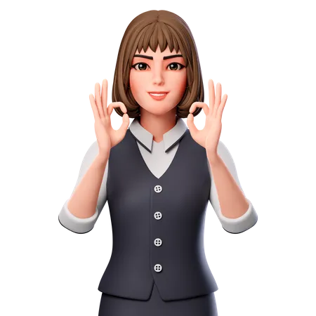 Business Woman Showing Ok Hand Gesture Using Both Hands  3D Illustration