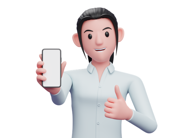 Business woman showing phone screen with thumbs up  3D Icon
