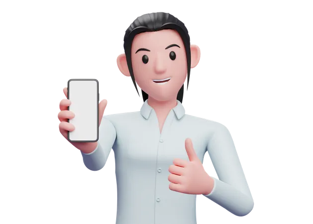 Business woman showing phone screen with thumbs up  3D Illustration