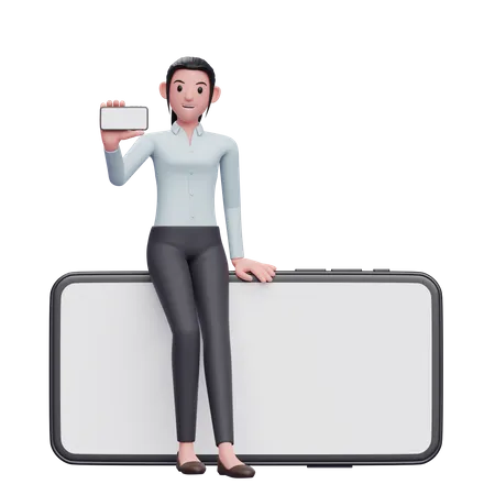 Business woman sitting casually on phone while showing the phone screen 3D Illustration