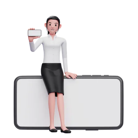 Business woman sitting casually on phone while showing the phone screen 3D Illustration