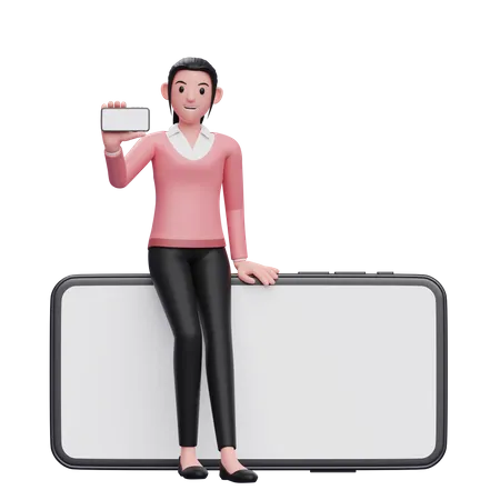 Business woman sitting casually on phone while showing the phone screen  3D Illustration