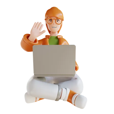 Business Woman Sitting Holding Laptop And Raising Hand  3D Illustration