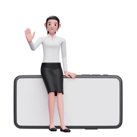 Business woman sitting on phone and waving hand  3D Illustration