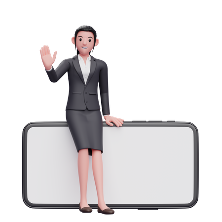 Business woman sitting on phone and waving hand  3D Illustration