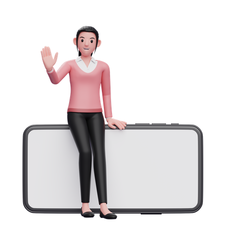 Business woman sitting on phone and waving hand  3D Illustration