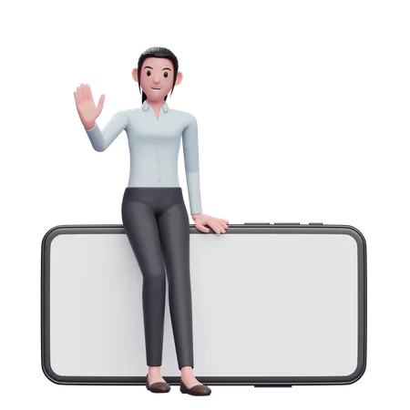 Business woman sitting on phone and waving hand 3D Illustration