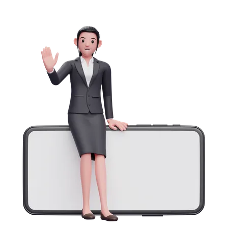 Business woman sitting on phone and waving hand 3D Illustration